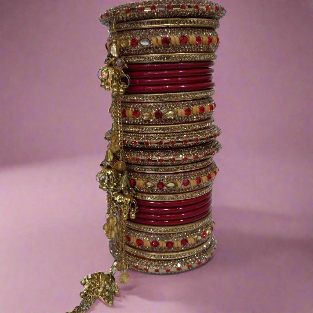 Bridal Maroon Lac Chura Set with Red and Yellow Stones and Floral Teardrop Arrangement | 24 Bangles | Dangling Chains | for Women and Girls