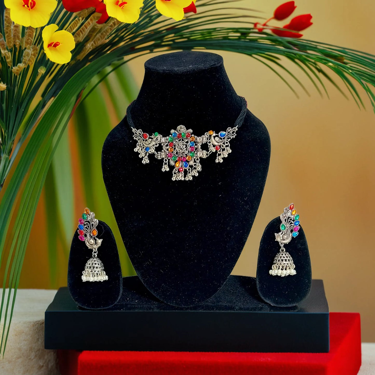 Multicolor Silver Oxidize Choker Set with Peacock Pendant | Traditional Necklace/Pendant | for Girls and Women.