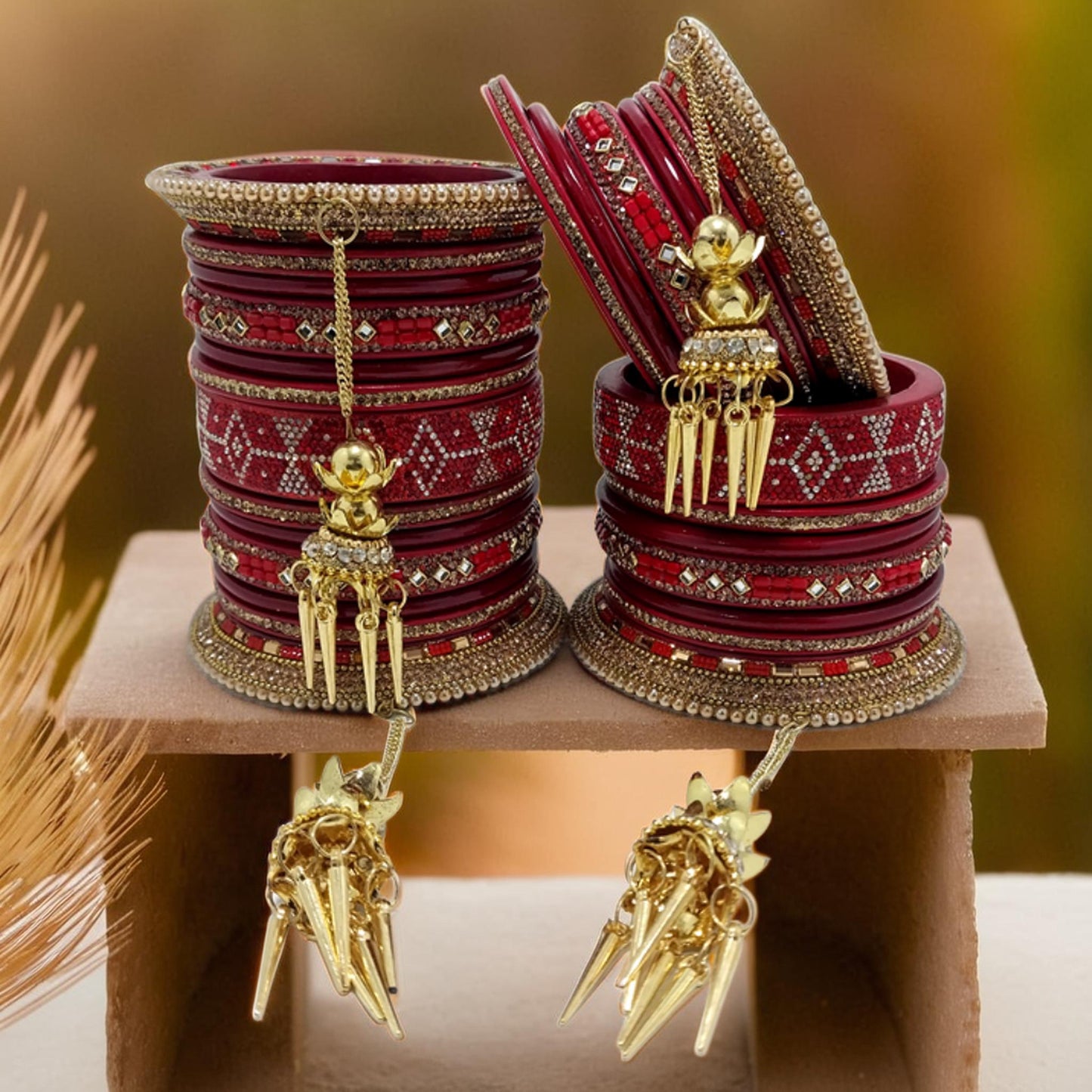 Elegant Bridal Lac Bangles with Gold Dangling Kalire | Set of 26 | For Girls and Women