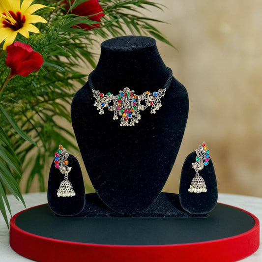 Multicolor Silver Oxidize Choker Set with Peacock Pendant | Traditional Necklace/Pendant | for Girls and Women.