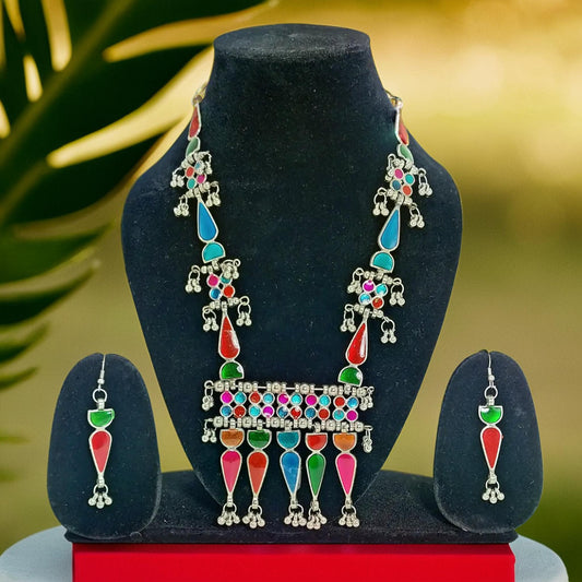 Geometric Stones Silver Oxidized Ranihaar | Traditional Jewelry for Girls & Women.