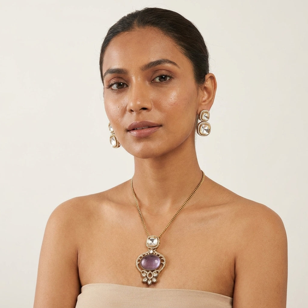 Purple Stone Gold Plated Pendant Necklace Set with Earrings for Women