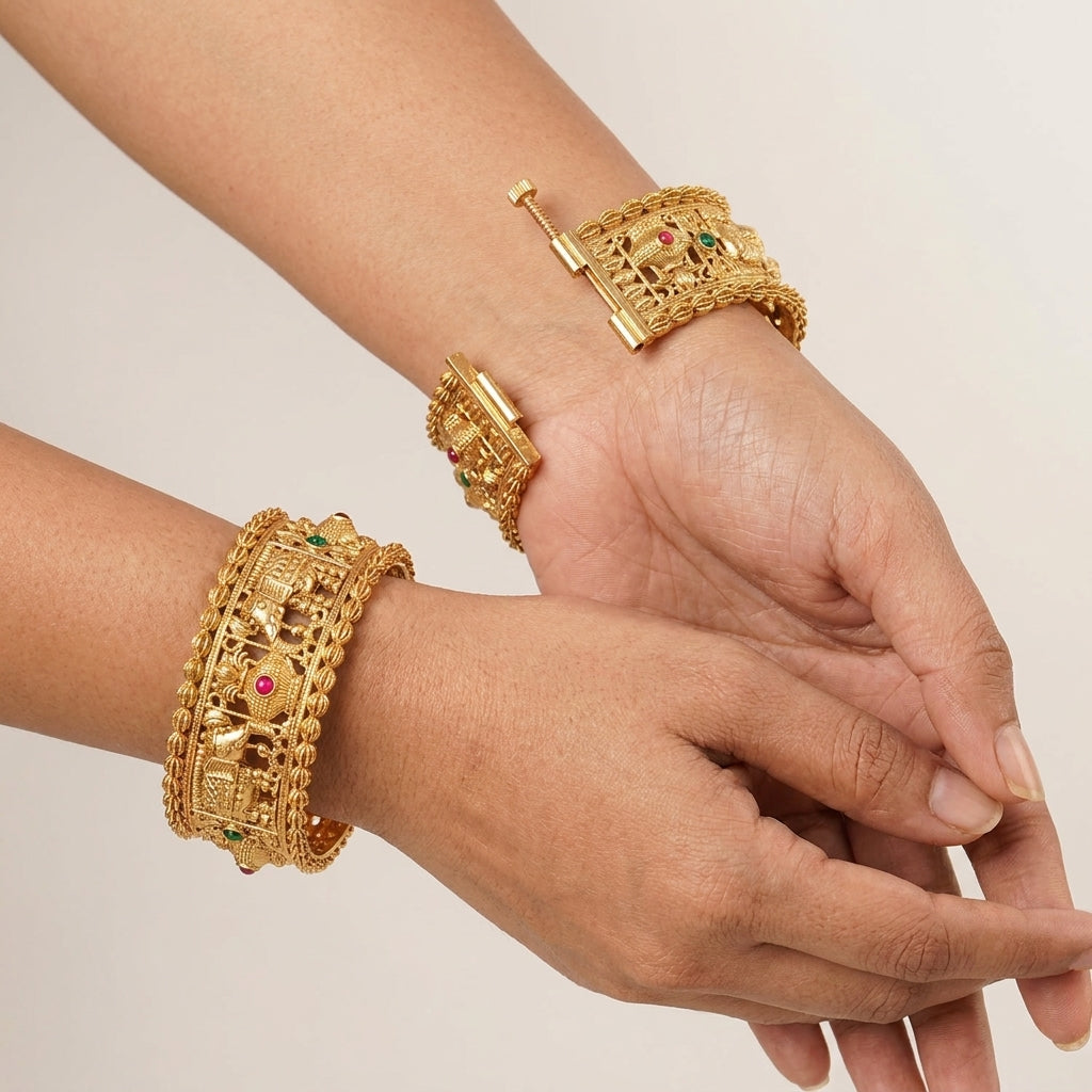 Antique Royal Elephant Openable Kada Bangles Set Of 2 (Free Size)