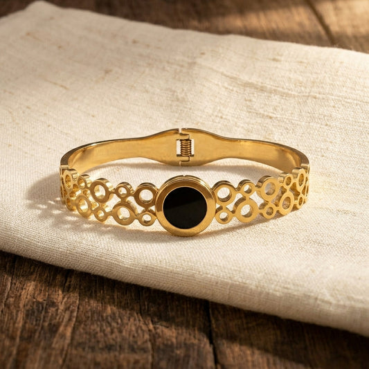 Gold Plated Elegant Open Cuff With Round Charm Anti-Tarnish Bracelet (Free Size)
