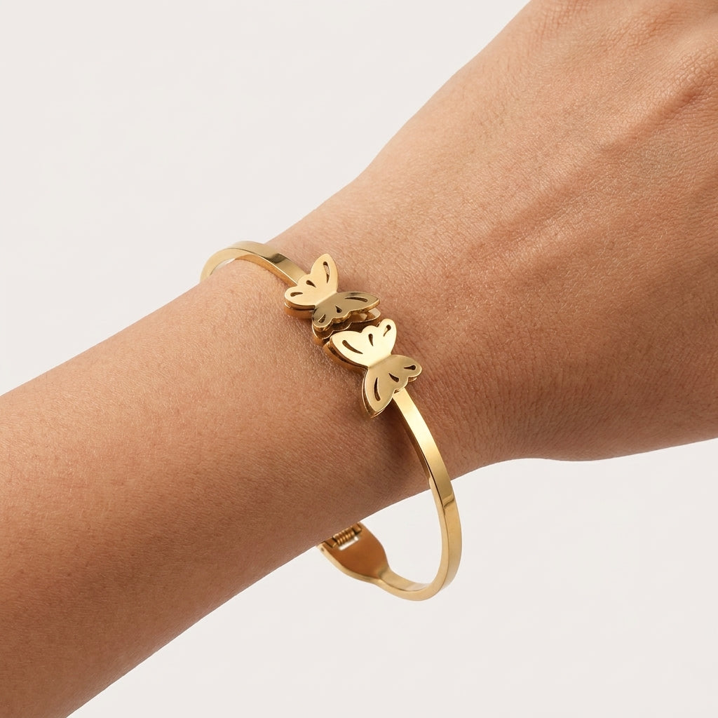 Gold Tone Anti-Tarnish Double Butterflies Openable Bracelet (Free Size)