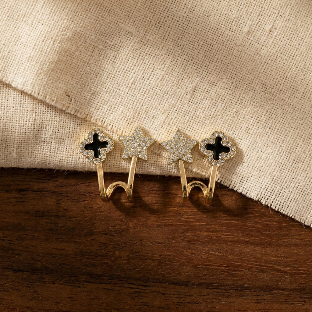 Gold Plated Stone Decor Star Four Leaf Clover Korean Earrings Black Cubic Zirc