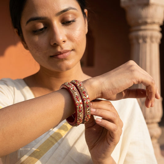Maroon, Red Plated With Topaz Fitted Lac Kada Bangle