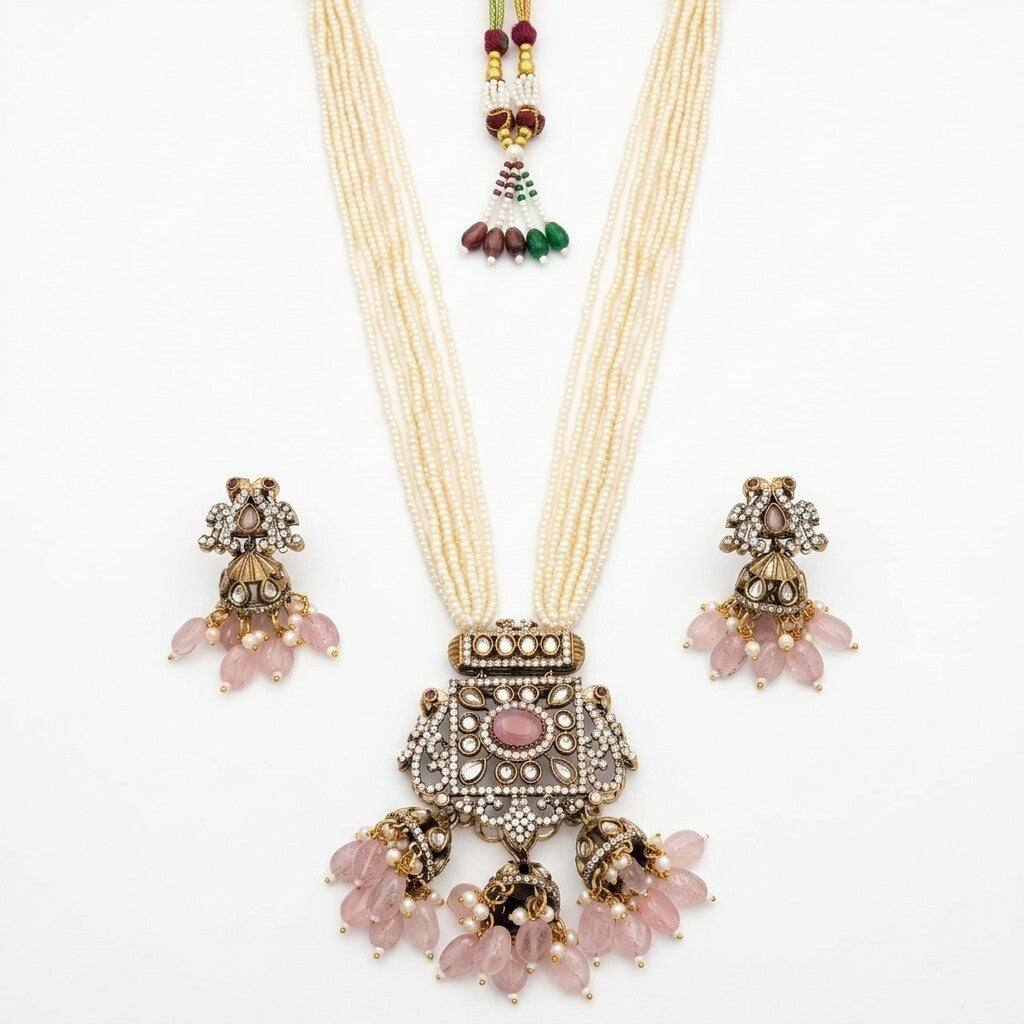 Traditional Pearl Kundan Necklace Set with Jhumka Earrings for Women