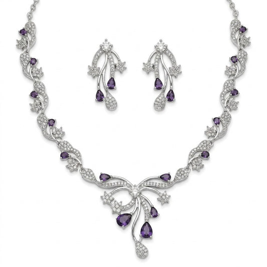 Purple Stone Silver Plated Designer Necklace Set with Earrings for Women