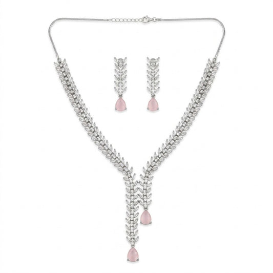 Pink Stone Silver Plated American Diamond Necklace Set with Earrings for Women