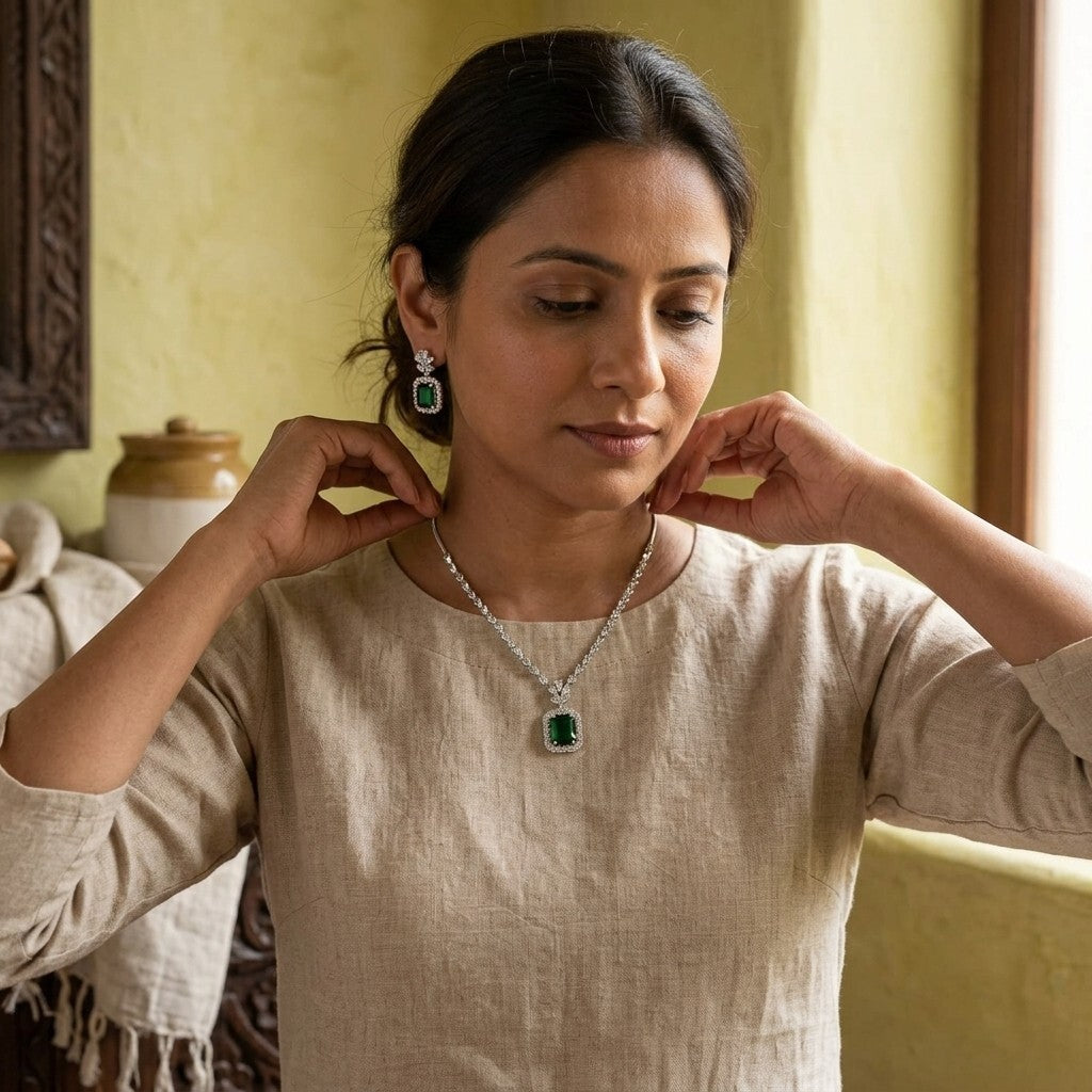 Green Stone American Diamond Necklace & Earrings Set | Wedding & Party Wear Jewellery