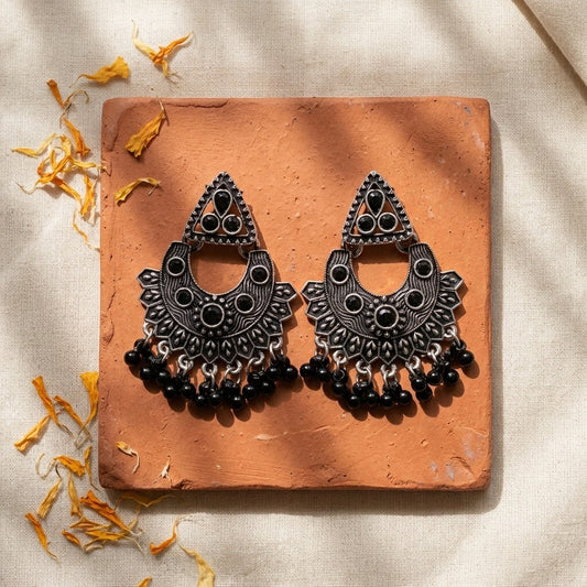 Oxidised Silver-Plated Turquoise Stone & Beaded Ethnic Chandbali Earrings