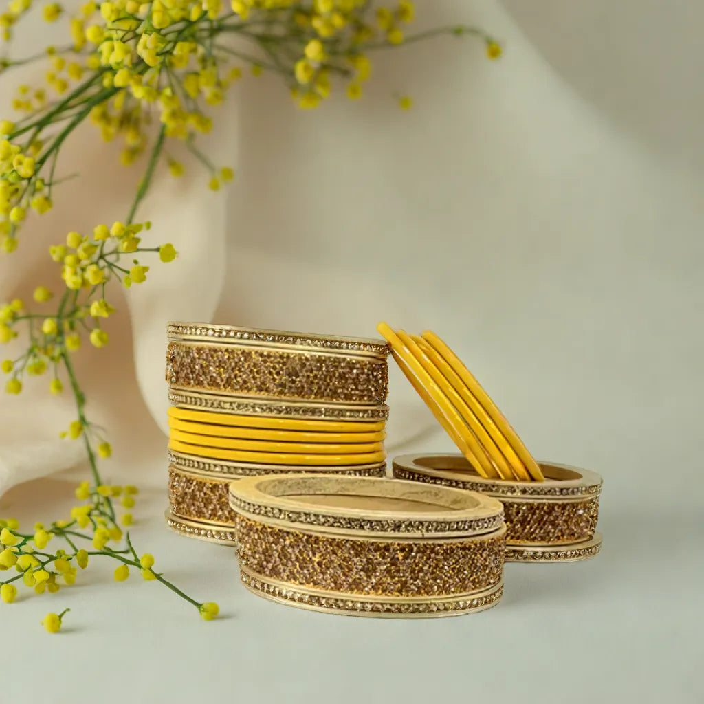 Bridal Yellow Lakh Bangles Set of 14 | Traditional Rajasthani Bangles | For Women and Girls