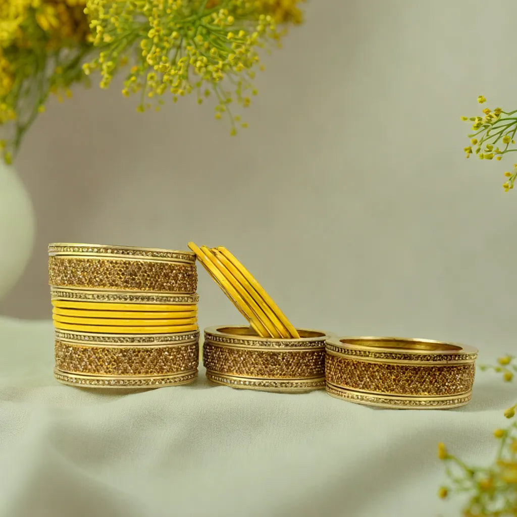 Bridal Yellow Lakh Bangles Set of 14 | Traditional Rajasthani Bangles | For Women and Girls