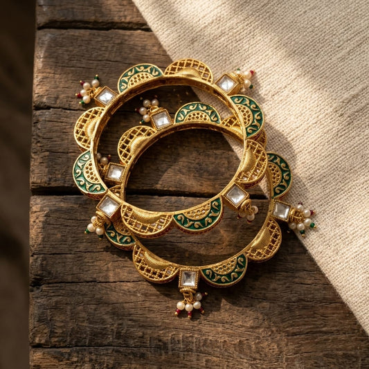 Karatcart Antique Gold-Plated Temple Bangles for Women - Set of 2