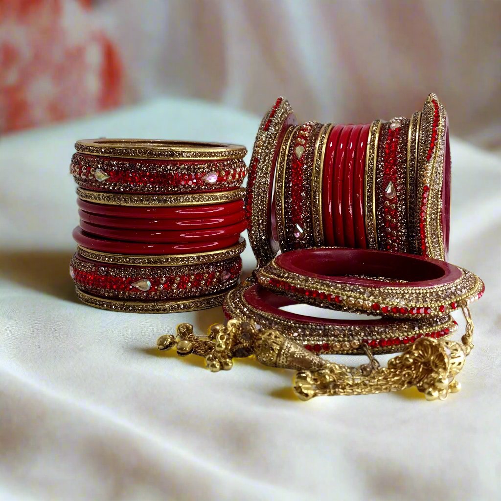 Teardrop Stone Bridal Bangdi Red Lac Chura Set with | 24 Bangles | Tri-layer Chain Structure | for Women and Girls