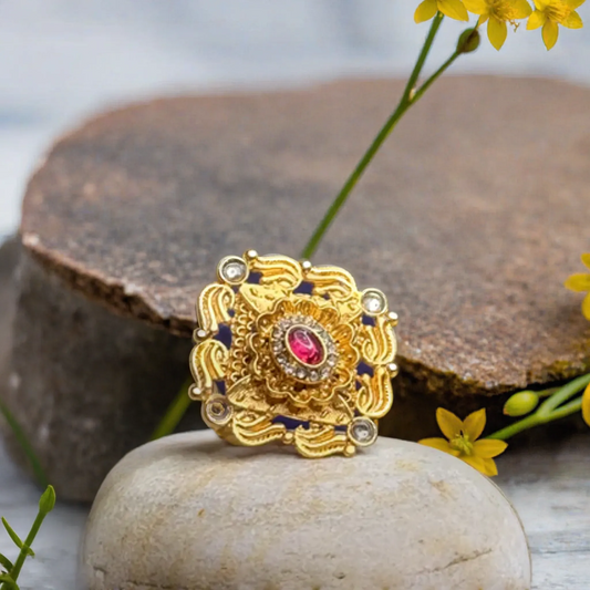 Square Design Rhinestone Gold Platted Brass Rings | Traditional Ring Jewelry | for Girls & Women