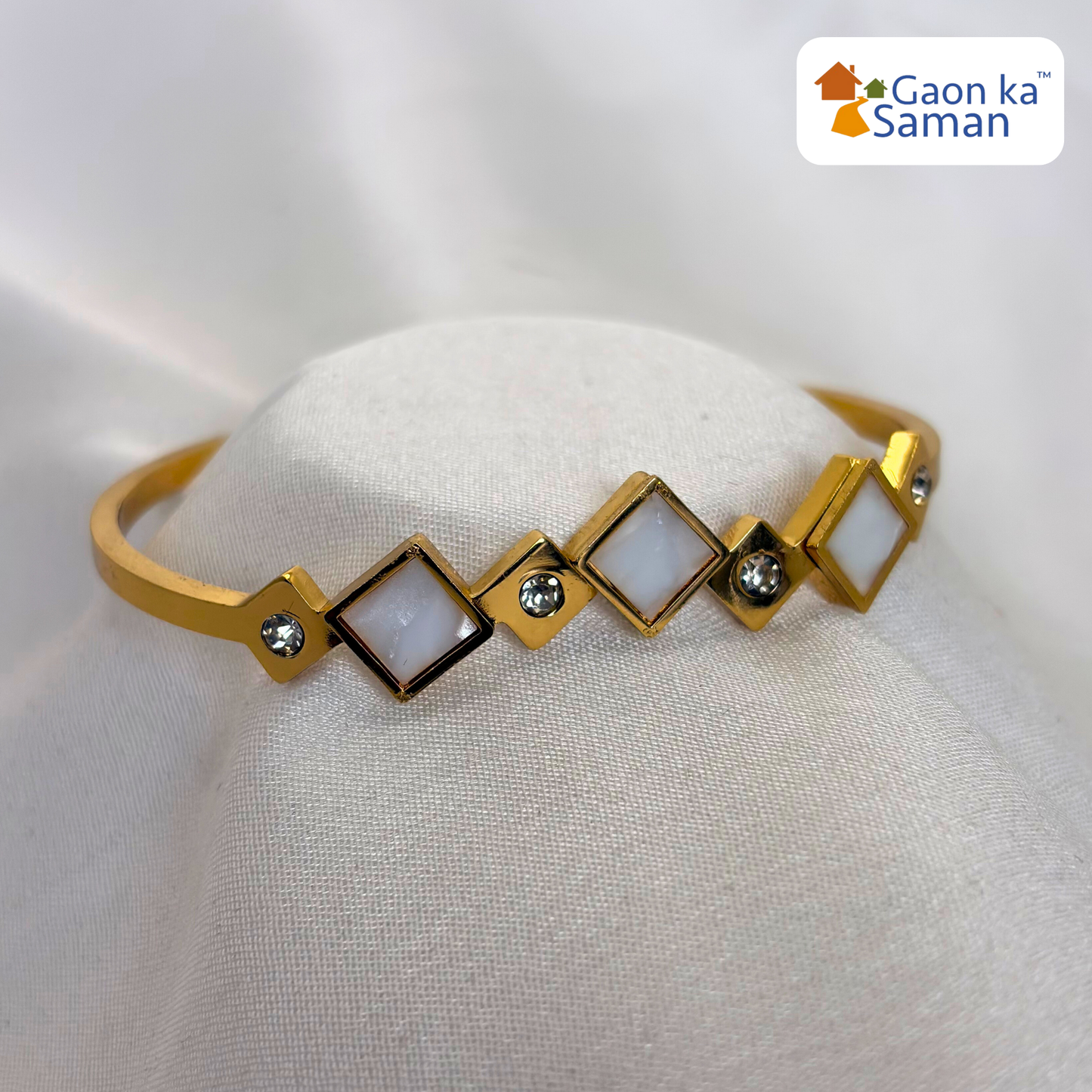 Gold Plated Artificial Stones Studded Anti-Tarnish Enamelled Cuff Bracelet