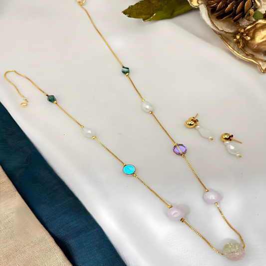 Amber White-Pink Stone with ridges Chain Set |Minimal Necklace | Chain | For Women and Girls