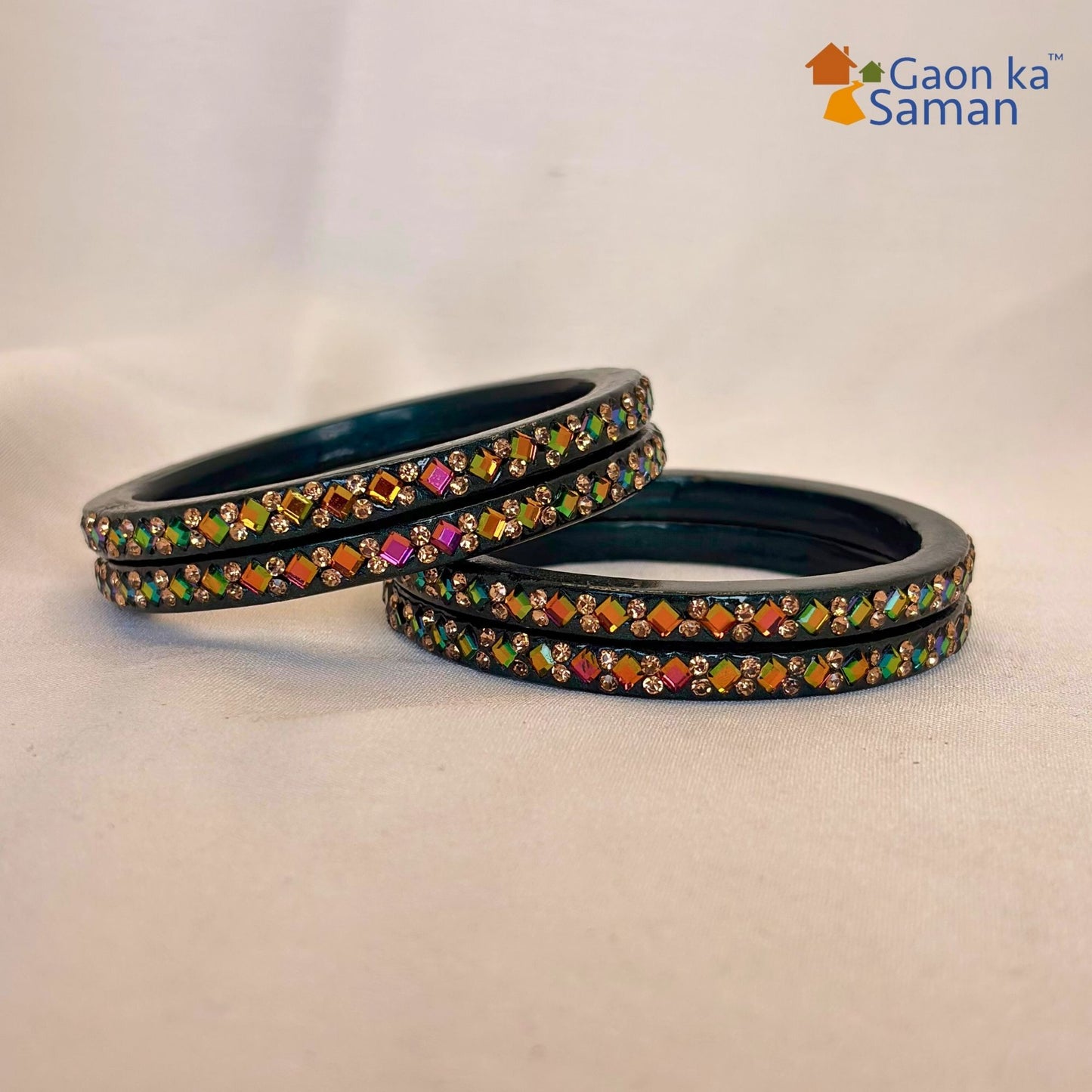 Rajasthani Lac Bangles with Mirror and Stone Embellishments (Set of 4)