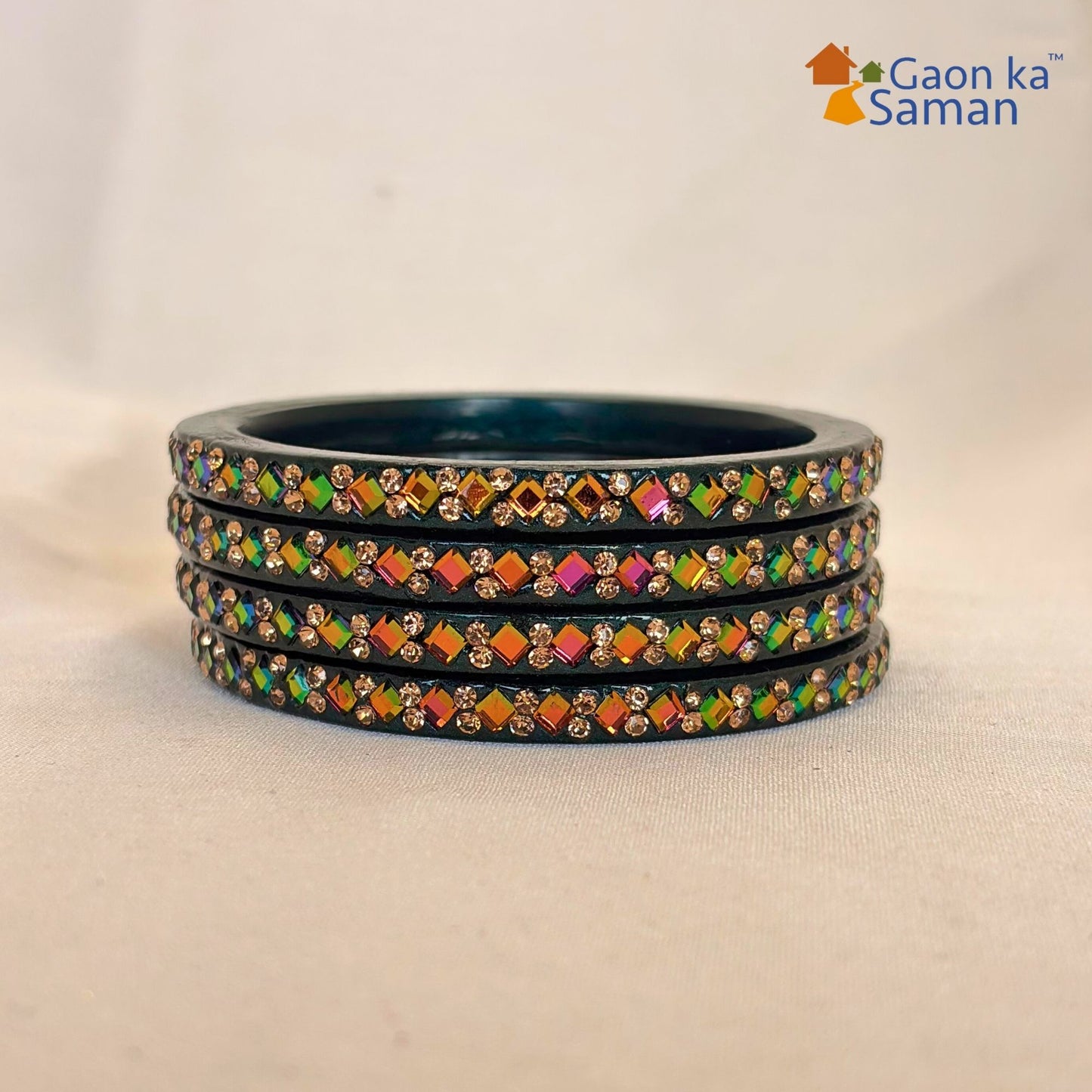 Rajasthani Lac Bangles with Mirror and Stone Embellishments (Set of 4)