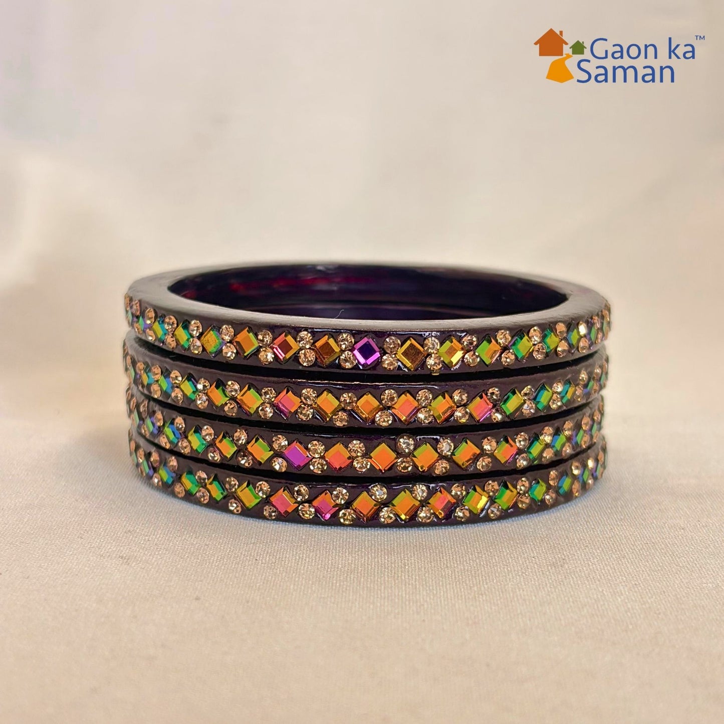 Rajasthani Lac Bangles with Mirror and Stone Embellishments (Set of 4)