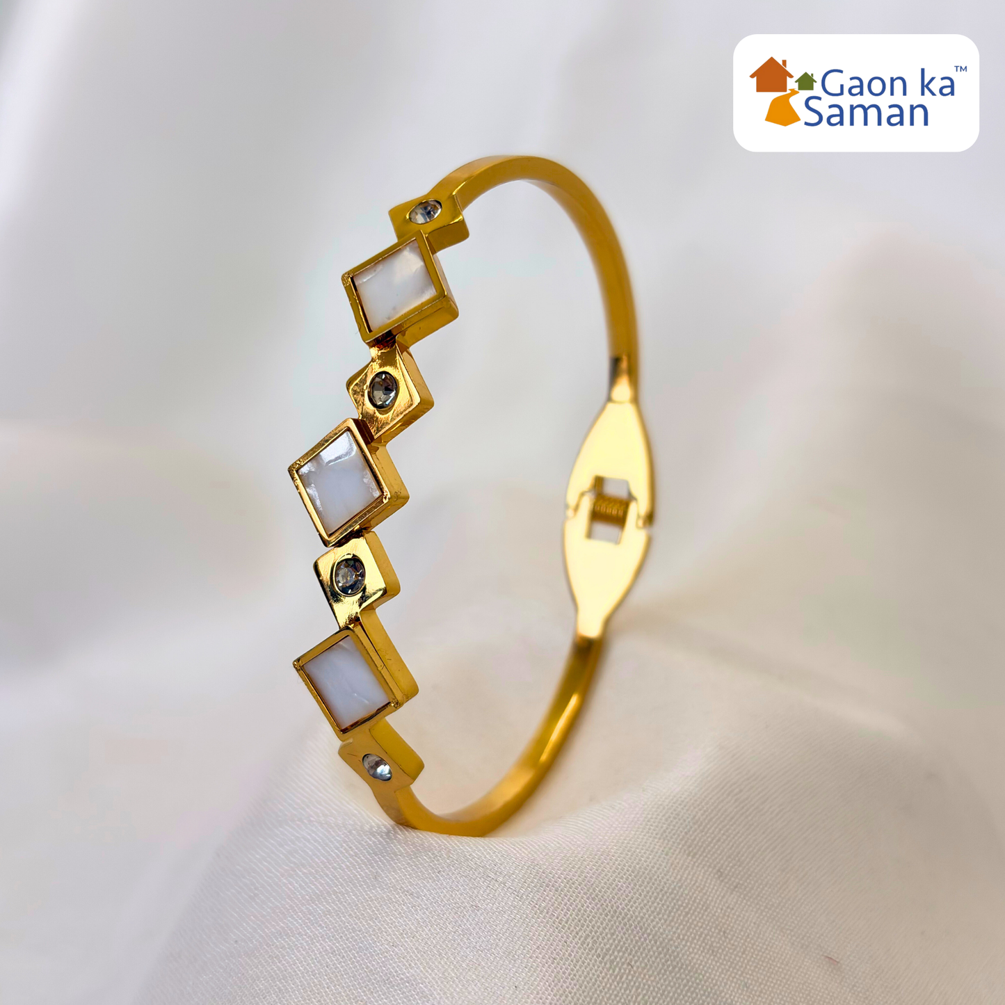 Gold Plated Artificial Stones Studded Anti-Tarnish Enamelled Cuff Bracelet