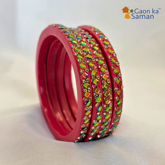 Rajasthani Lac Bangles with Mirror and Stone Embellishments (Set of 4)