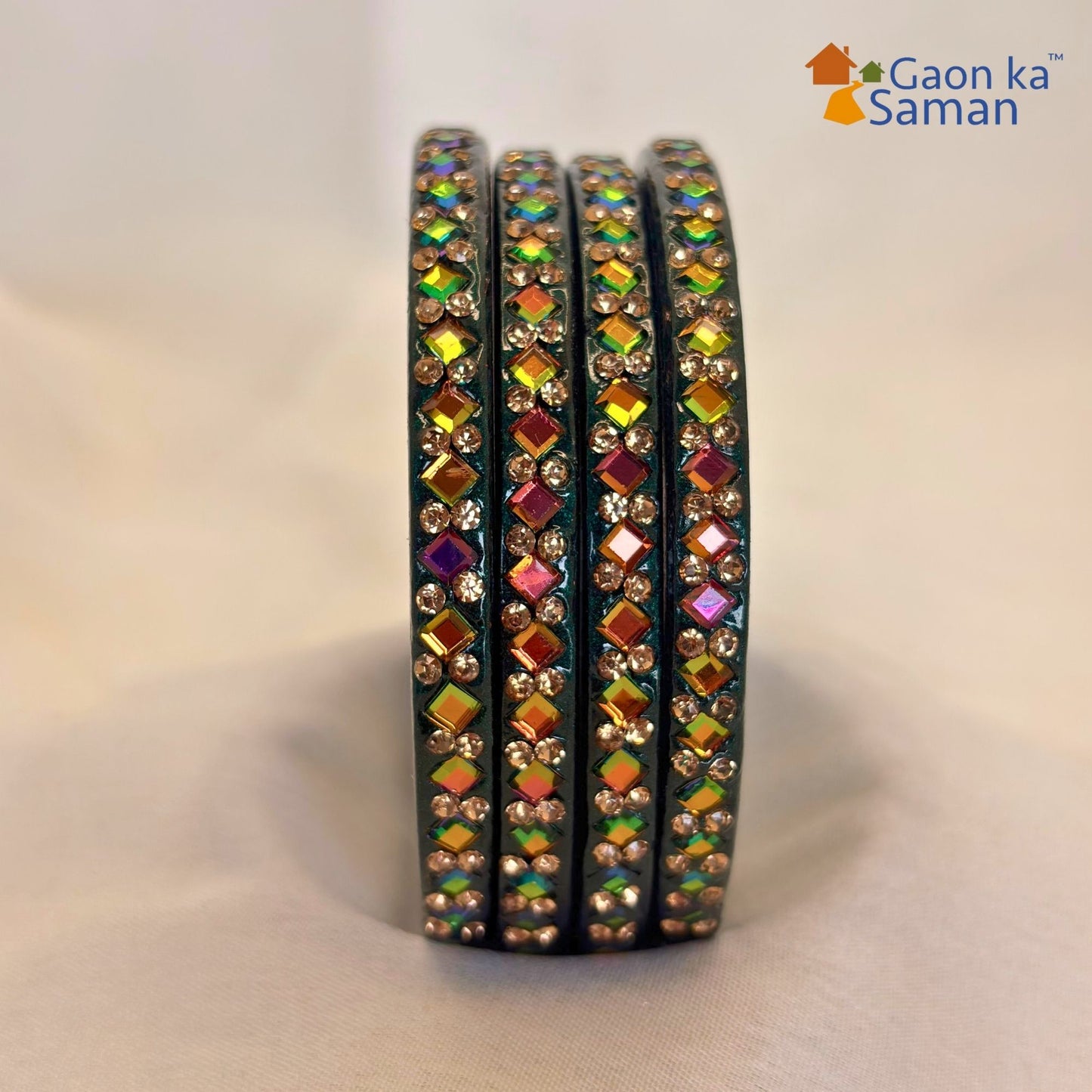 Rajasthani Lac Bangles with Mirror and Stone Embellishments (Set of 4)