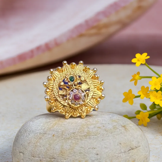 Floral Stone Gold-Plated Brass Rings | Traditional Jewelry for Girls &  Women