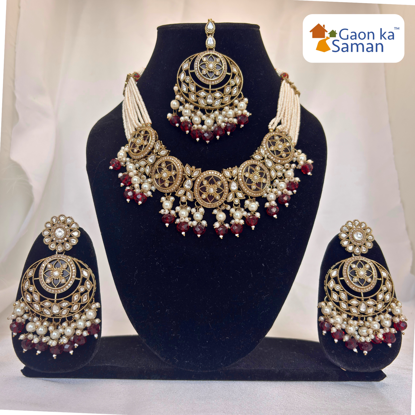 Stone Studded Brass Heavy Necklace Set With Earrings And Mangtika