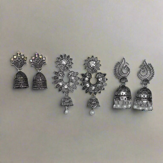 Combo of 3 Minimal Silver Oxidise earrings | Jhumki Combo Traditional Earrings | For Girls and Women