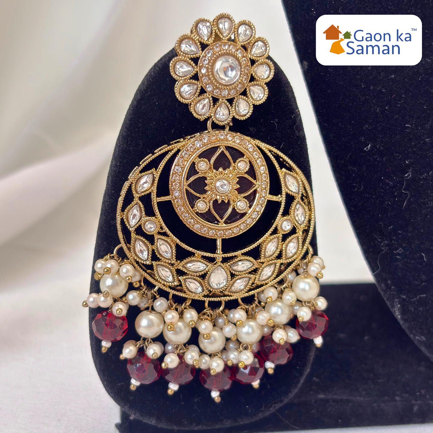 Stone Studded Brass Heavy Necklace Set With Earrings And Mangtika