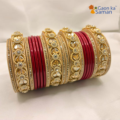 Punjabi Lac Bangles Set with Beautiful Kundan Design Red Colour