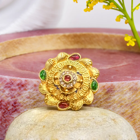 Maroon and Green Floral Gold-Plated Brass Rings | Traditional Jewelry for Girls & Women