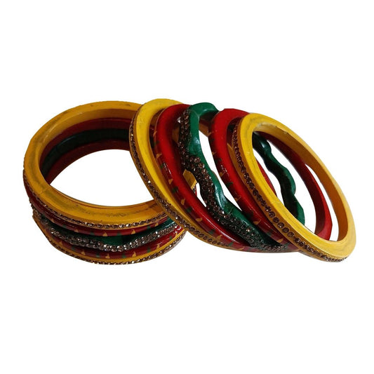 Red Yellow and Green Color Lahariya Bangle Set