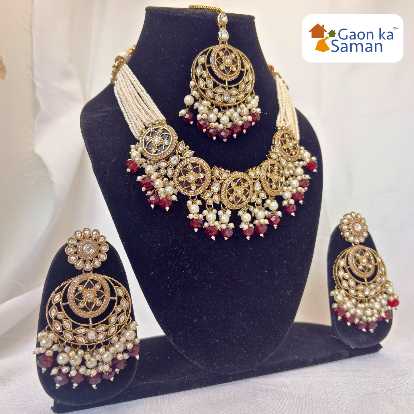 Stone Studded Brass Heavy Necklace Set With Earrings And Mangtika