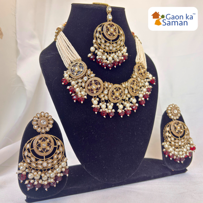 Stone Studded Brass Heavy Necklace Set With Earrings And Mangtika