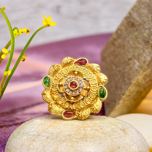 Maroon and Green Floral Gold-Plated Brass Rings | Traditional Jewelry for Girls & Women