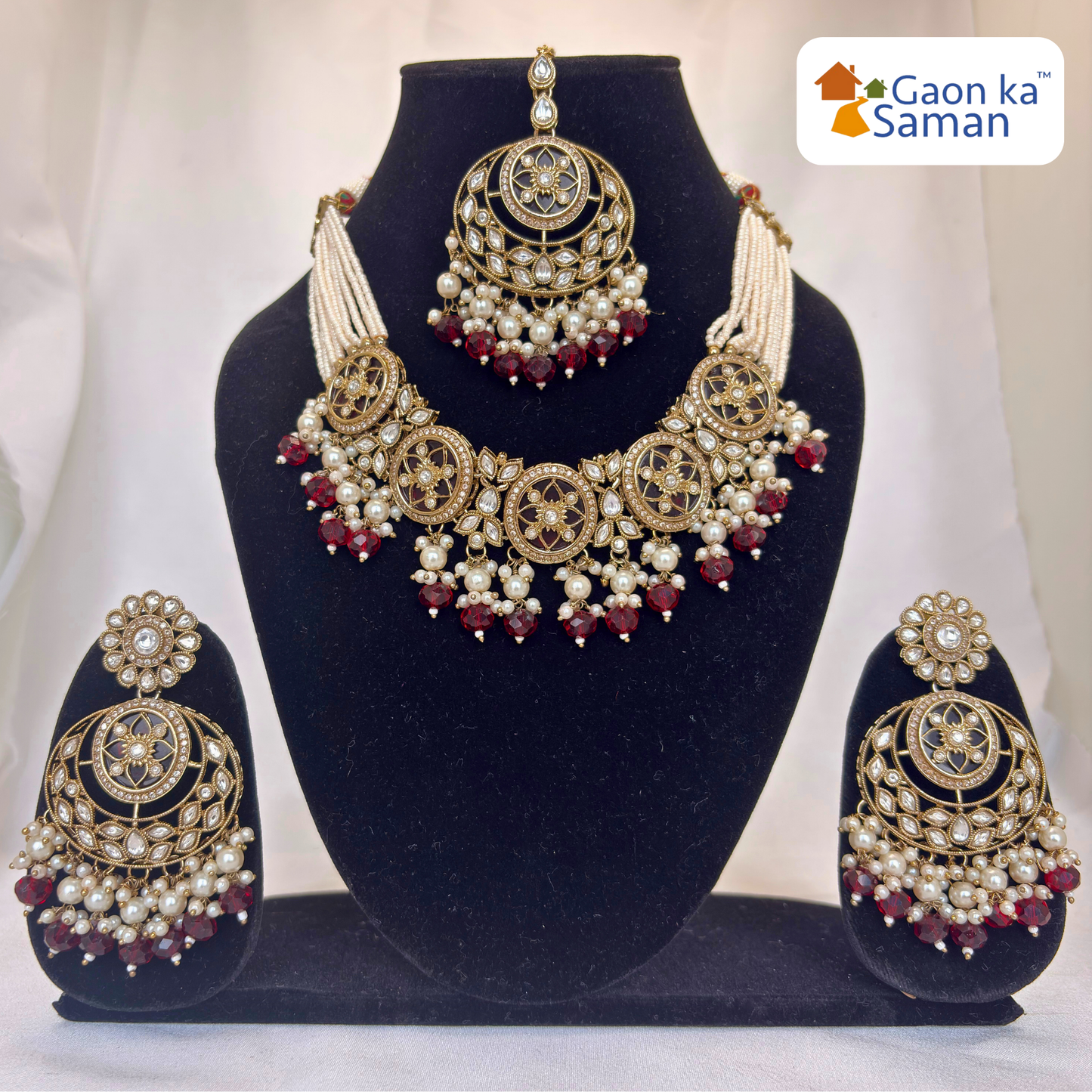 Stone Studded Brass Heavy Necklace Set With Earrings And Mangtika