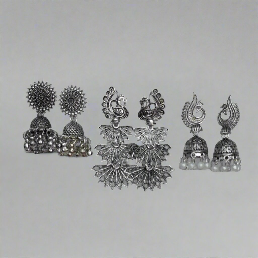 Combo of 3 Minimal Silver Oxidise earrings | Jhumki Combo Traditional Earrings | For Girls and Women