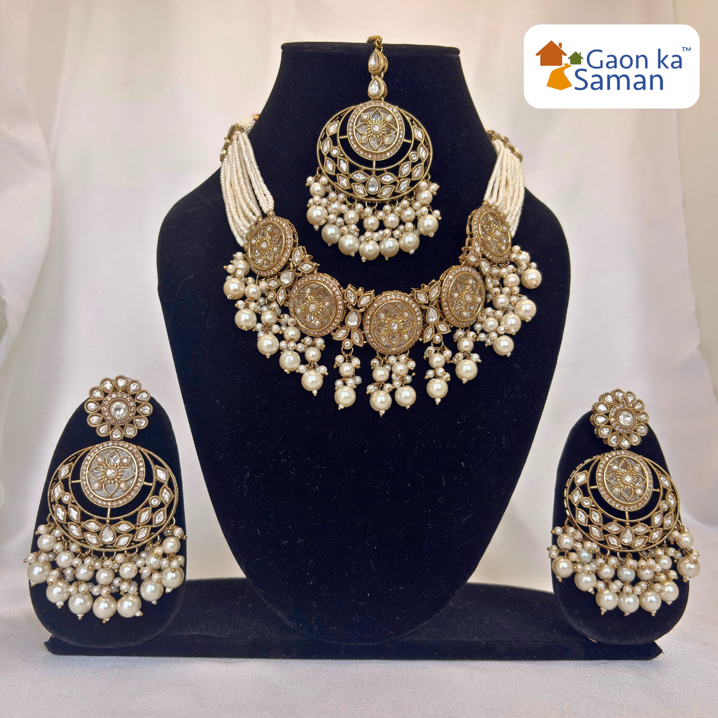 Stone Studded Brass Heavy Necklace Set With Earrings And Mangtika