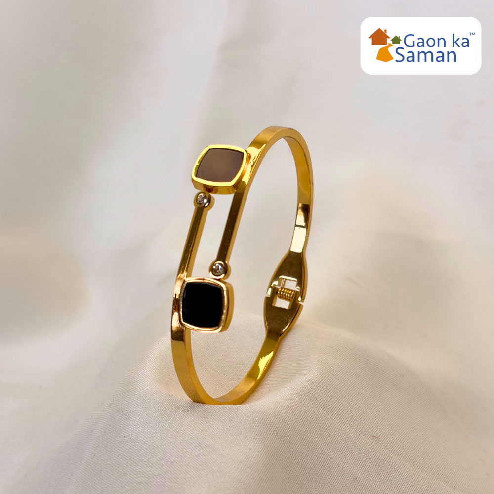 Gold Plated Artificial Stones Studded Anti-Tarnish Enamelled Cuff Bracelet