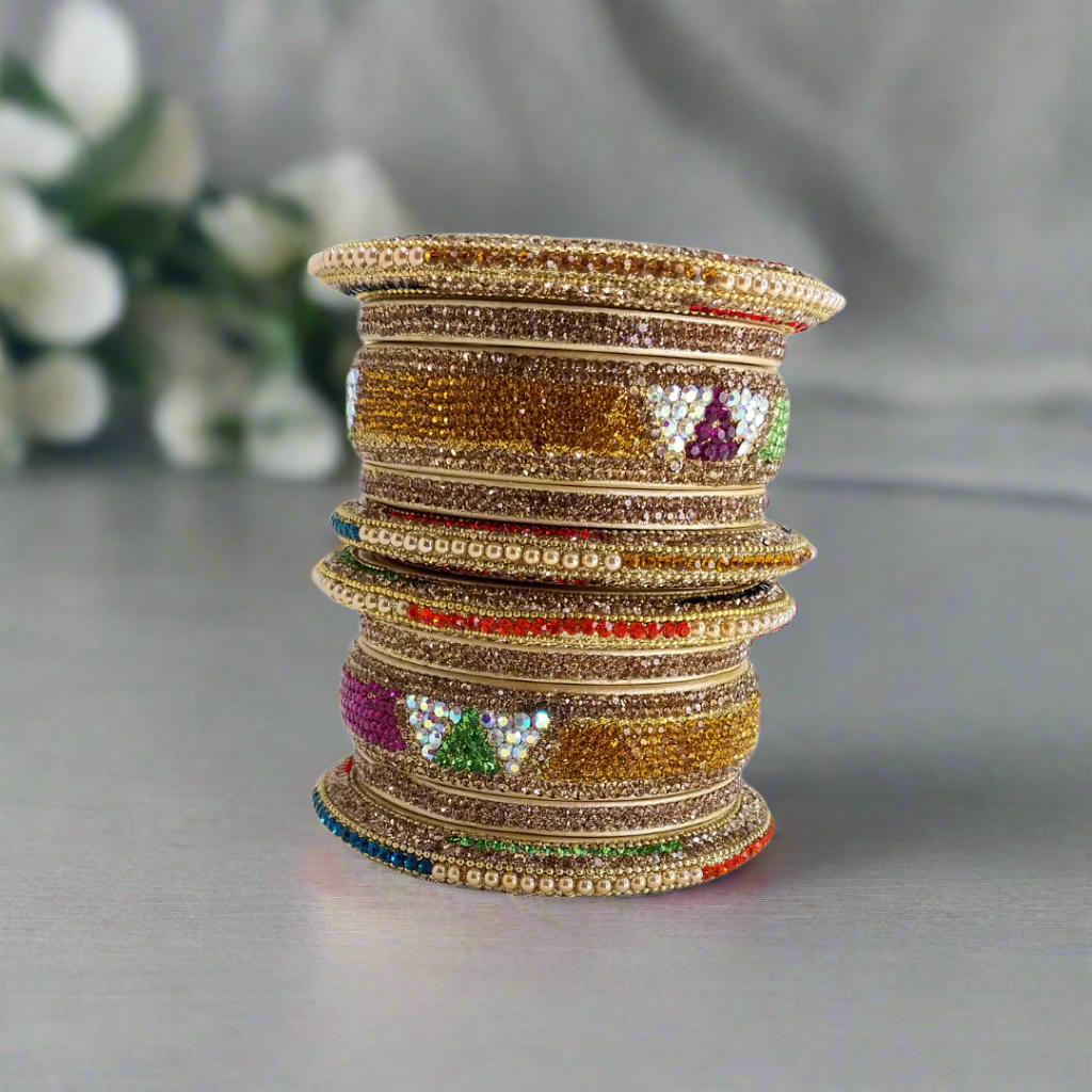 Beige Lac Bangle Set with Multicolor Zircon Stone Strips | Set of 10 | for Women and Girls