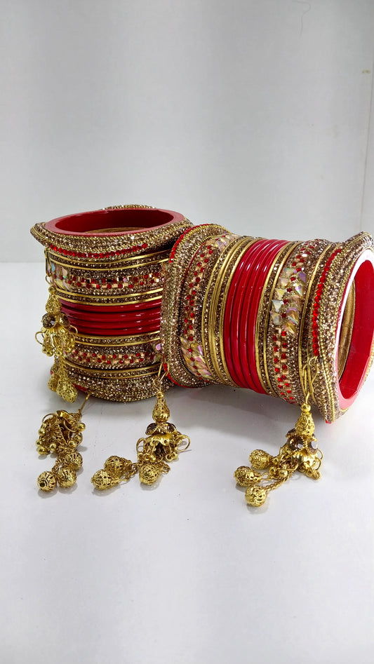 Teardrop Stone Bridal Bangdi Red Lac Chura Set with | 24 Bangles | Tri-layer Chain Structure | for Women and Girls