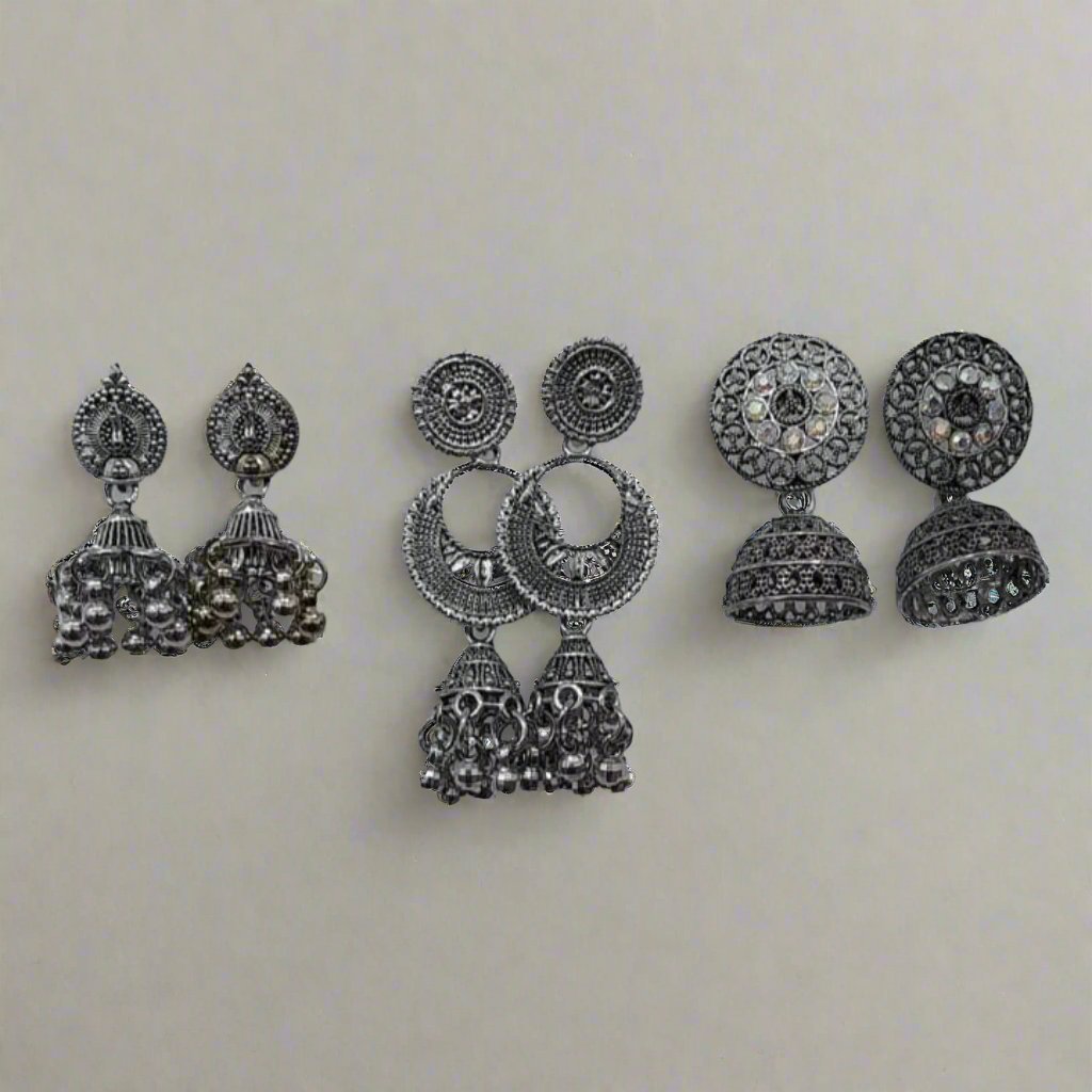 Combo of 3 Minimal Silver Oxidise earrings | Jhumki Combo Traditional Earrings | For Girls and Women