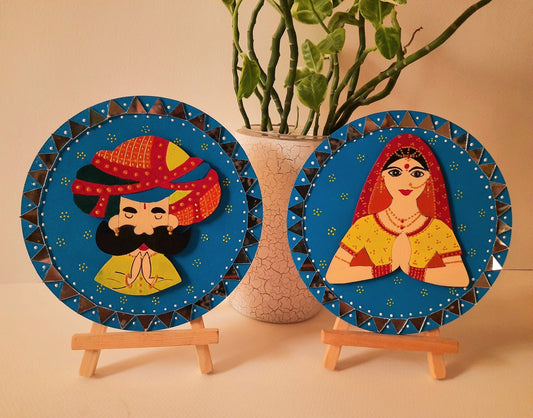 Set of two Handpainted 6" mdf plates with Rajasthani couple, on stands-2