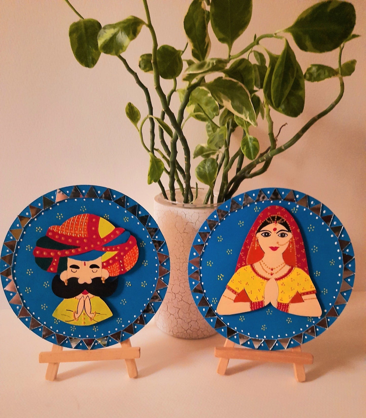 Set of two Handpainted 6" mdf plates with Rajasthani couple, on stands-2