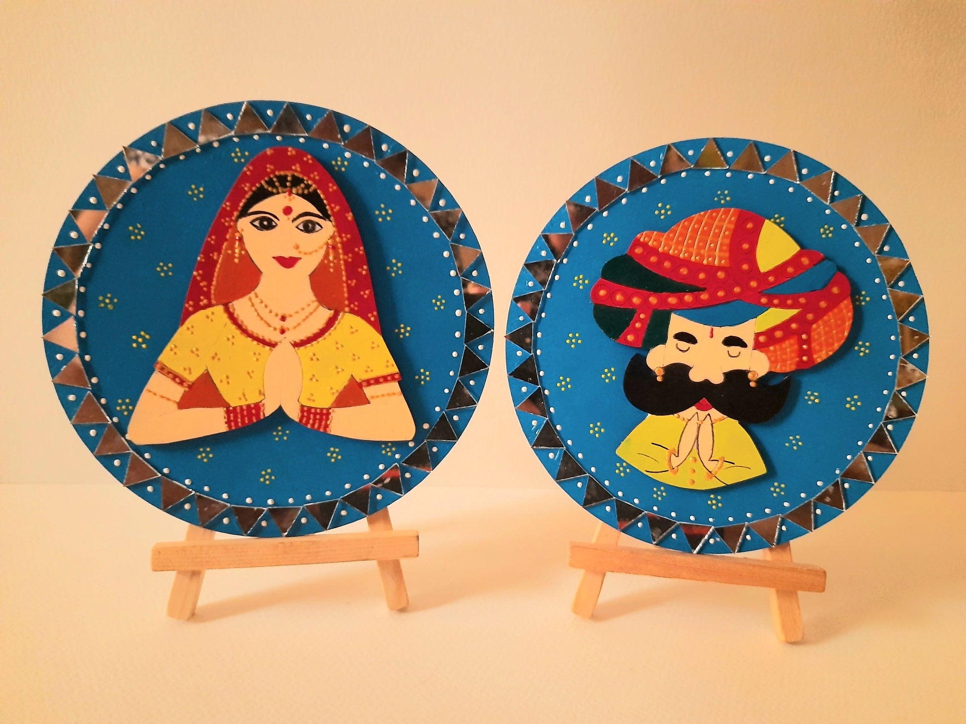 Set of two Handpainted 6" mdf plates with Rajasthani couple, on stands-2