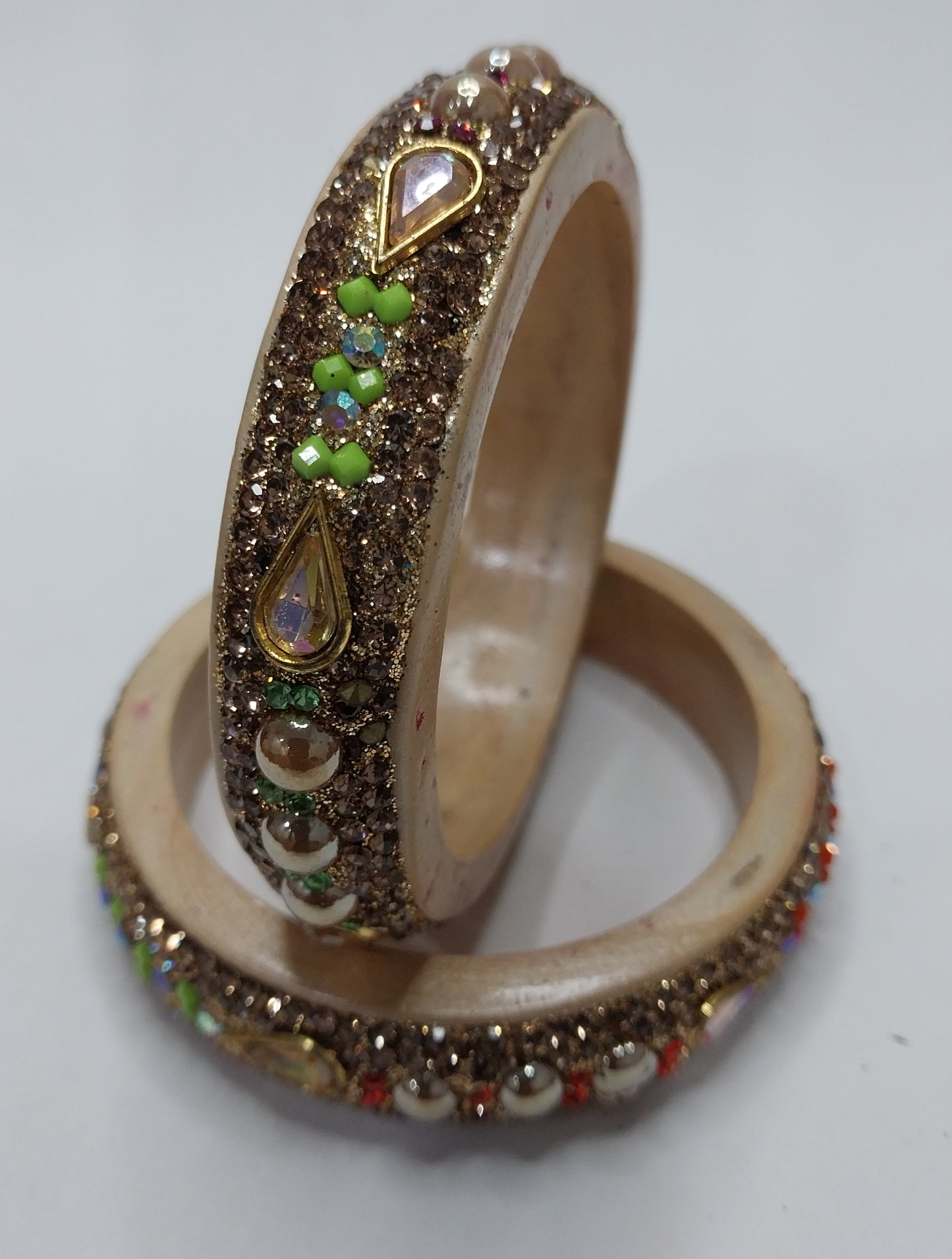 Beige Lakh Bangles with Green Pearl and Teardrop Stones | For Girls and Women.